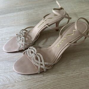 Nude beige strappy sandals with kitten heels, crystals